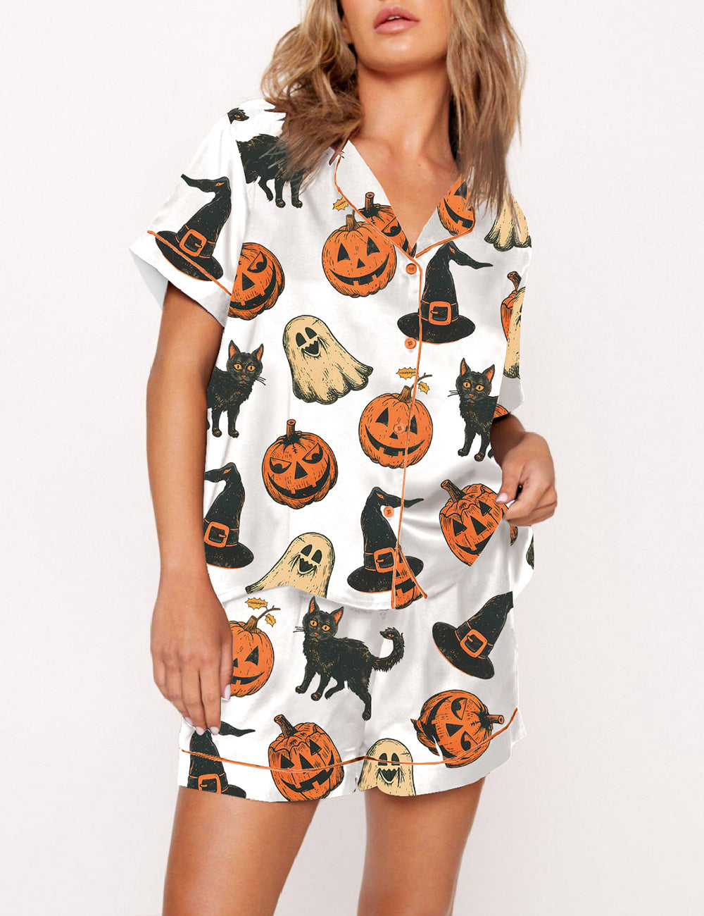 Women's 1990 Nostalgic Halloween Black Cat Pumpkin Pajama Set