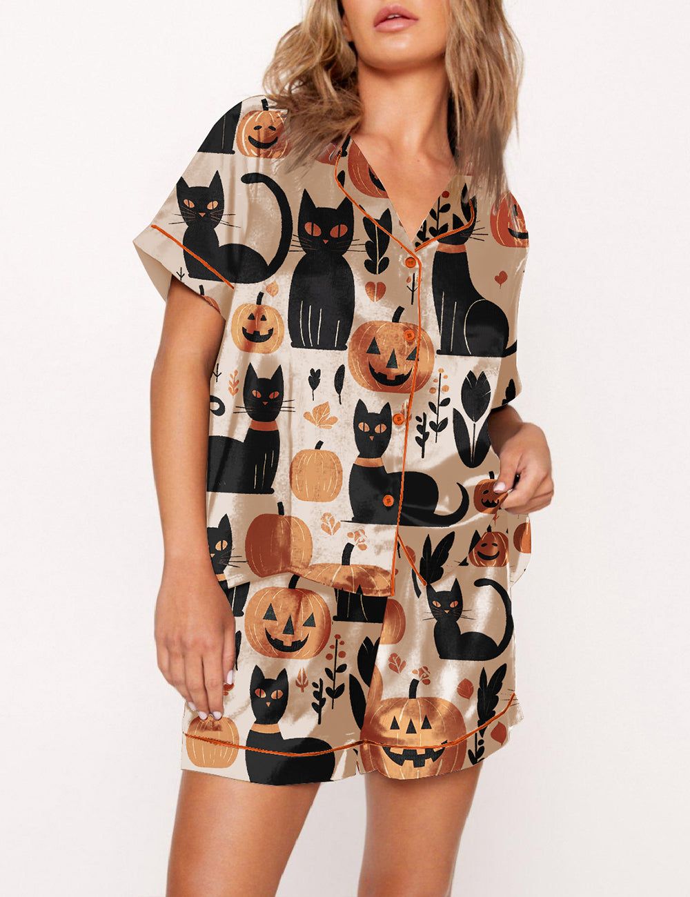 Woven Cat Pumpkin Pajama Set
