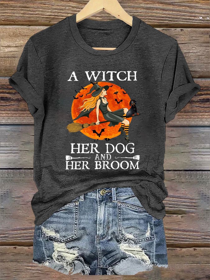 Women's A Witch Her Dog And Her Broom Print T-Shirt