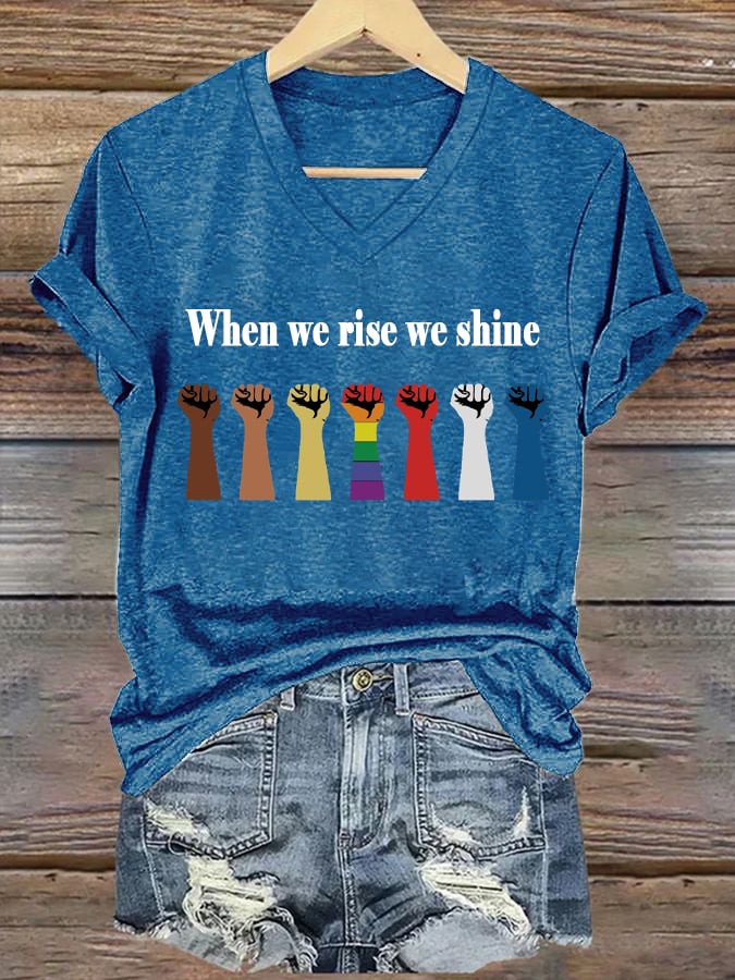 Women's When We Rise We Shine Printed V-Neck Short-Sleeved T-Shirt