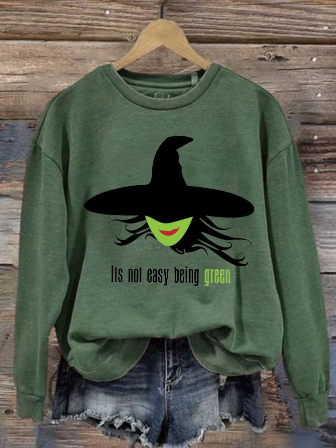 Women's Its Not Easy Being Green Witch Print Round Neck Sweatshirt