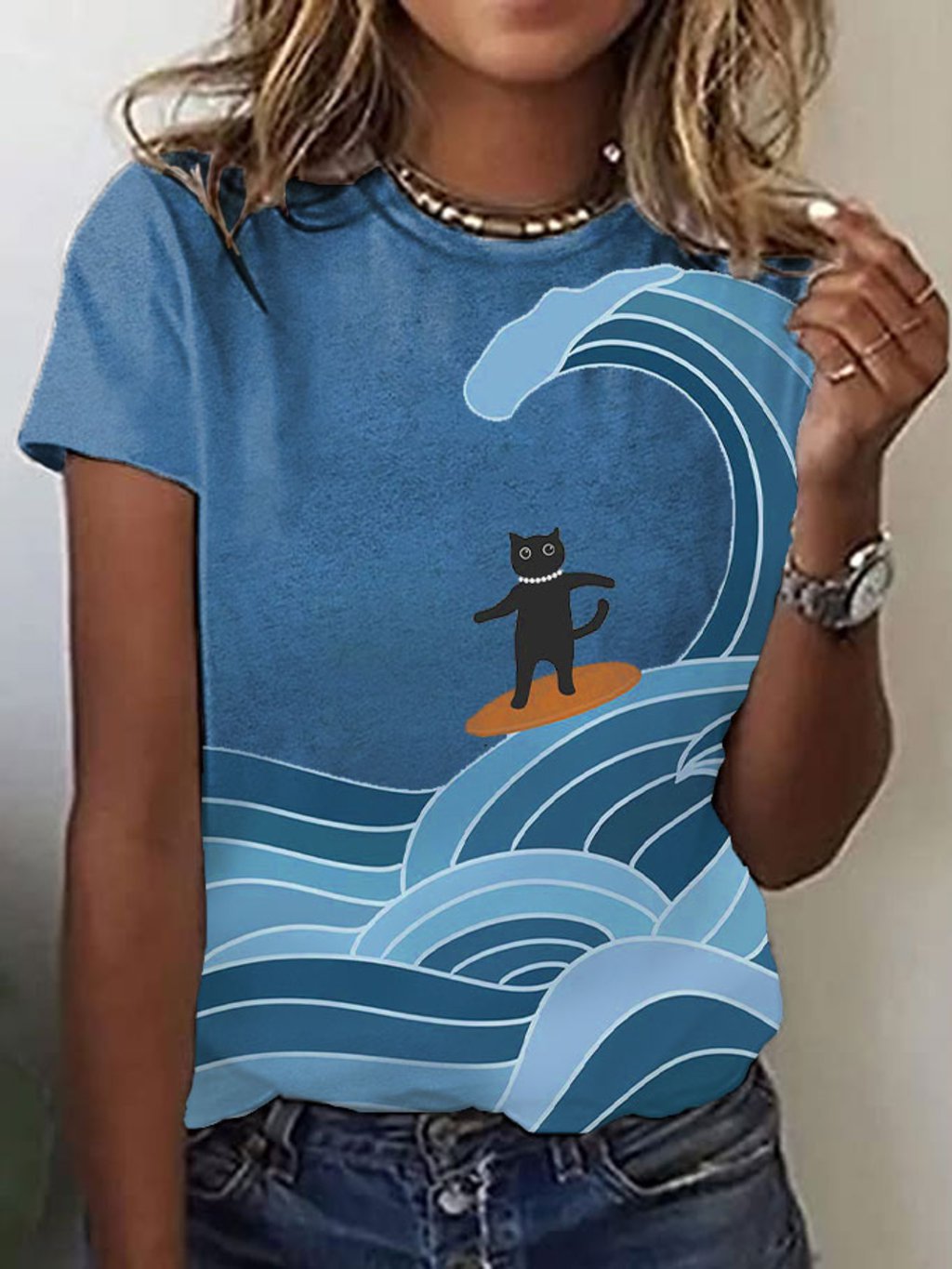 Women's Surfing Cat&Blue Wave Print T-Shirt