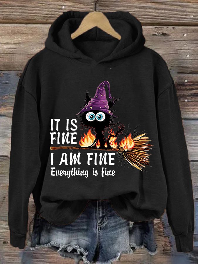 Women's Funny Halloween It's Fine I'm FineBlack Cat Print Hoodie