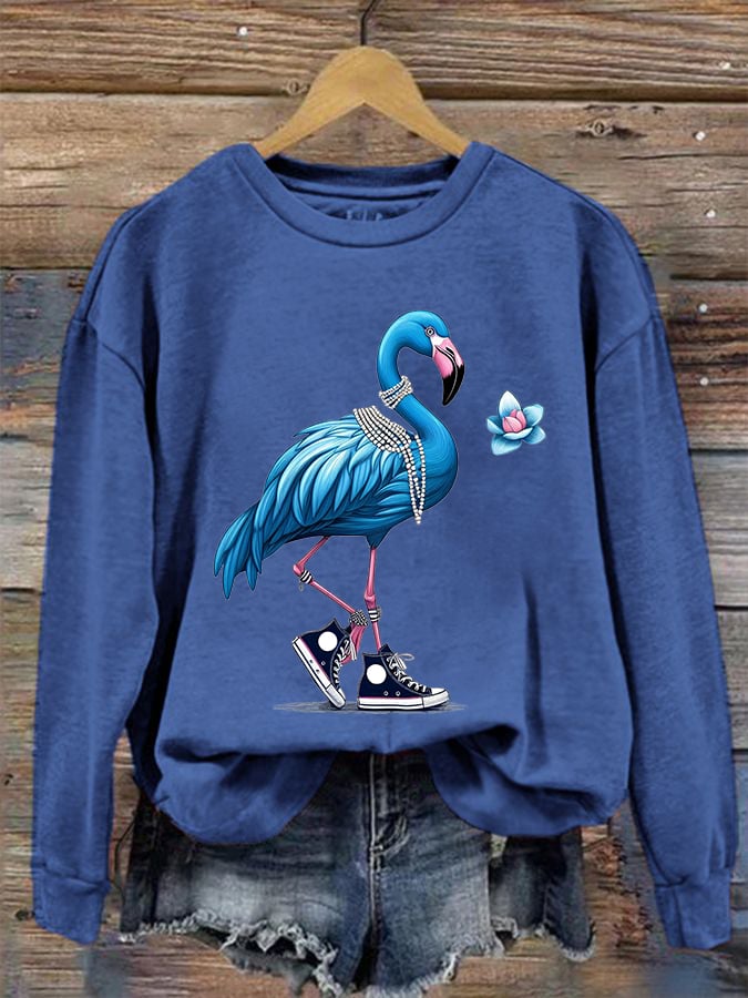 Women's Pearl Necklace Canvas Shoes Flamingo Print Round Neck Sweatshirt