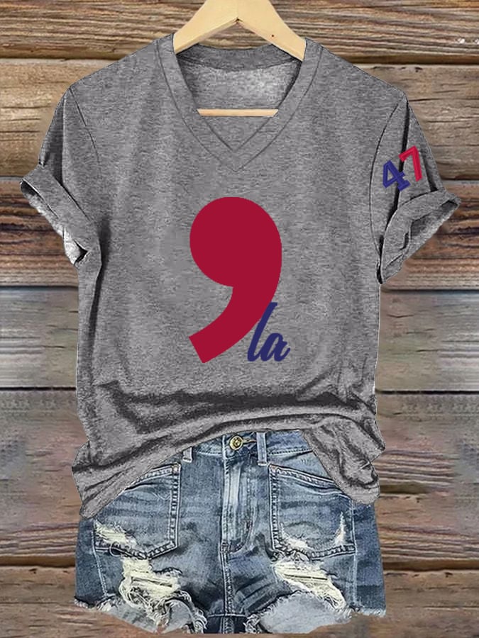 Women's La 47 Printed Casual V Neck T-Shirt