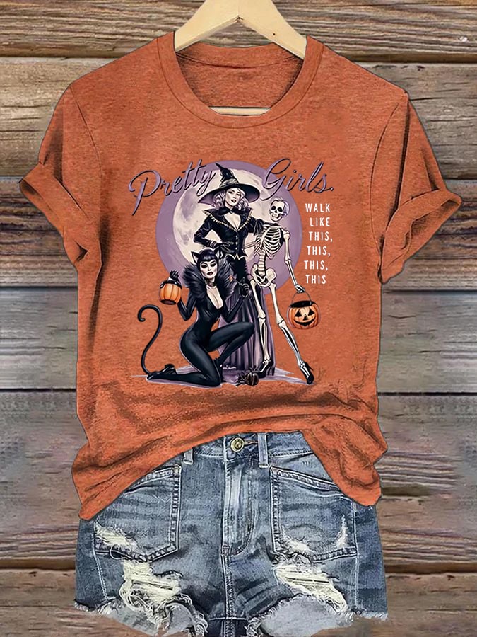Women's Halloween Witch (Pretty Girls Walk Like This This This) Printed Casual T-Shirt