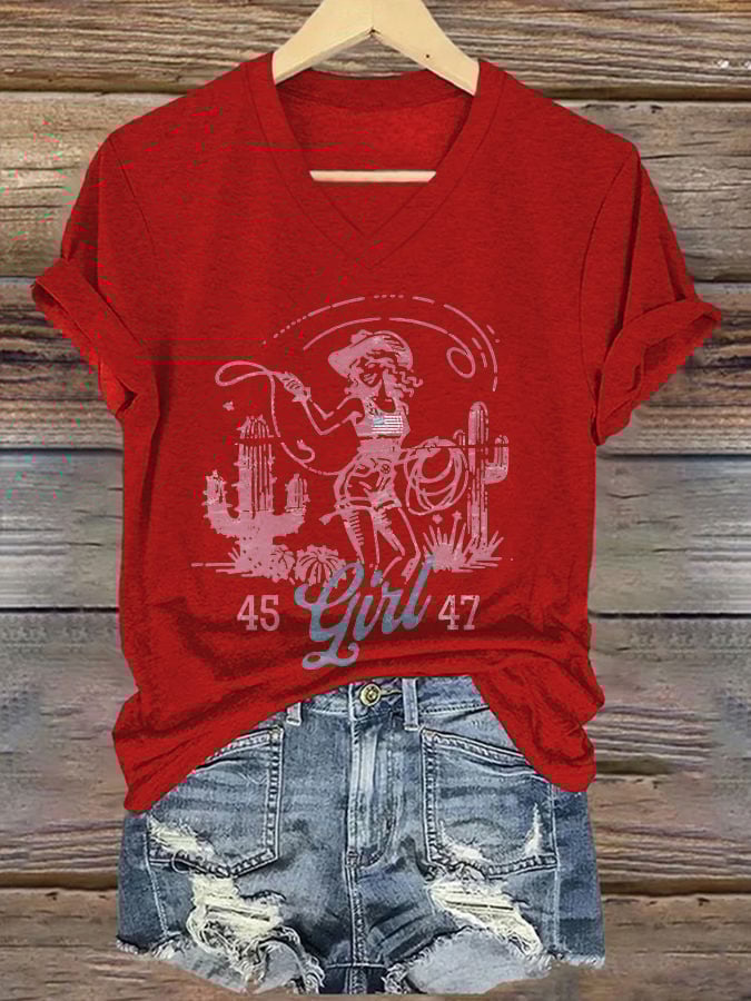 V-neck 45 47 Flag Western Cowboy Girl Cactus Print T-Shirt