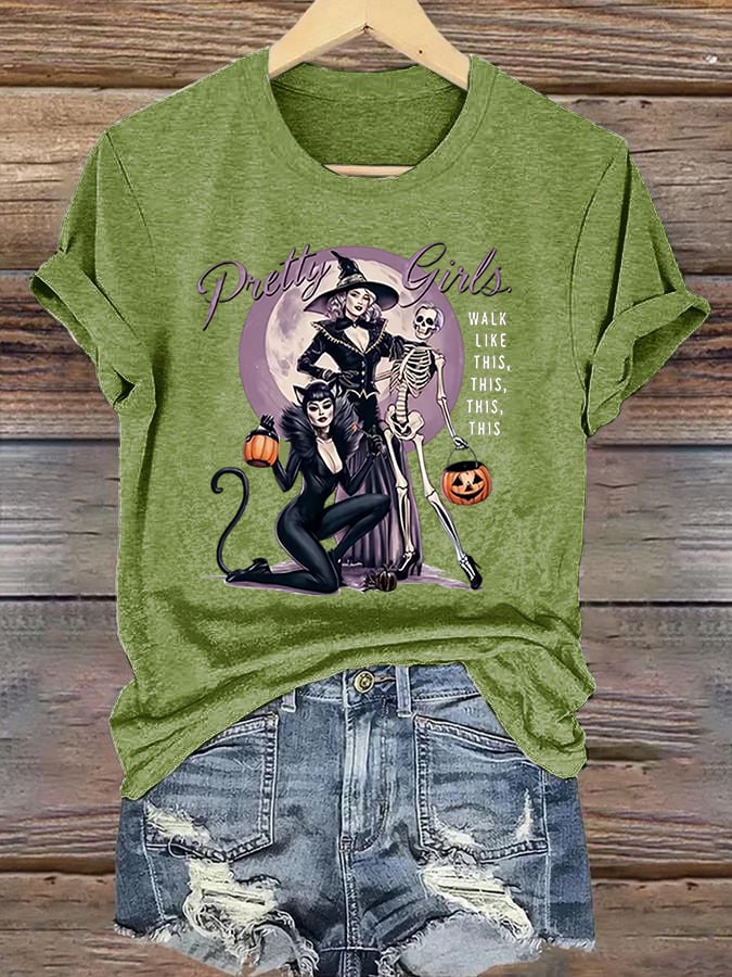 Women's Halloween Witch (Pretty Girls Walk Like This This This) Printed Casual T-Shirt