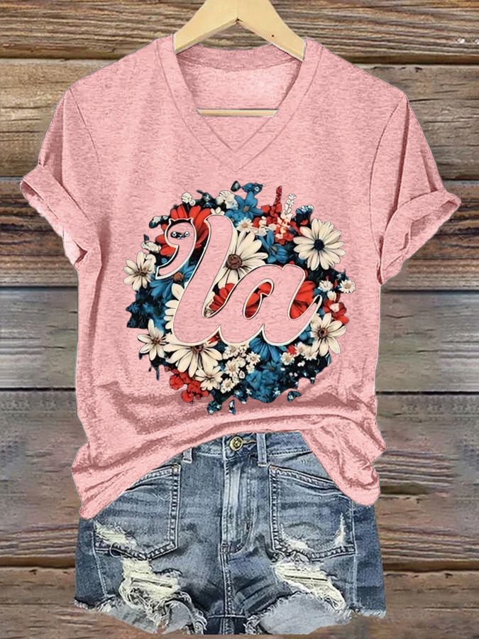 Women's Floral LA Cat Print Casual T-Shirt