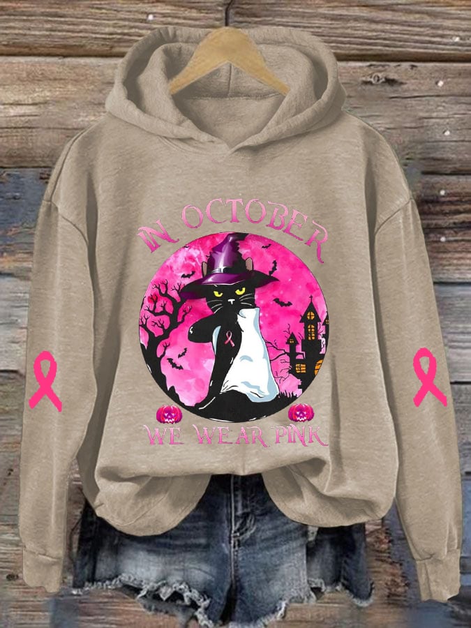 Women's Breast Cancer Awareness In October We Wear Pink With Black Cat Halloween Print Hoodie