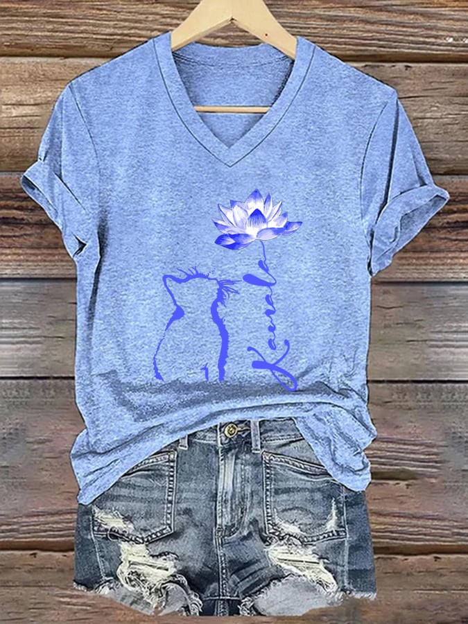 Women's Cat  Lotus Flower print casual T-shirt