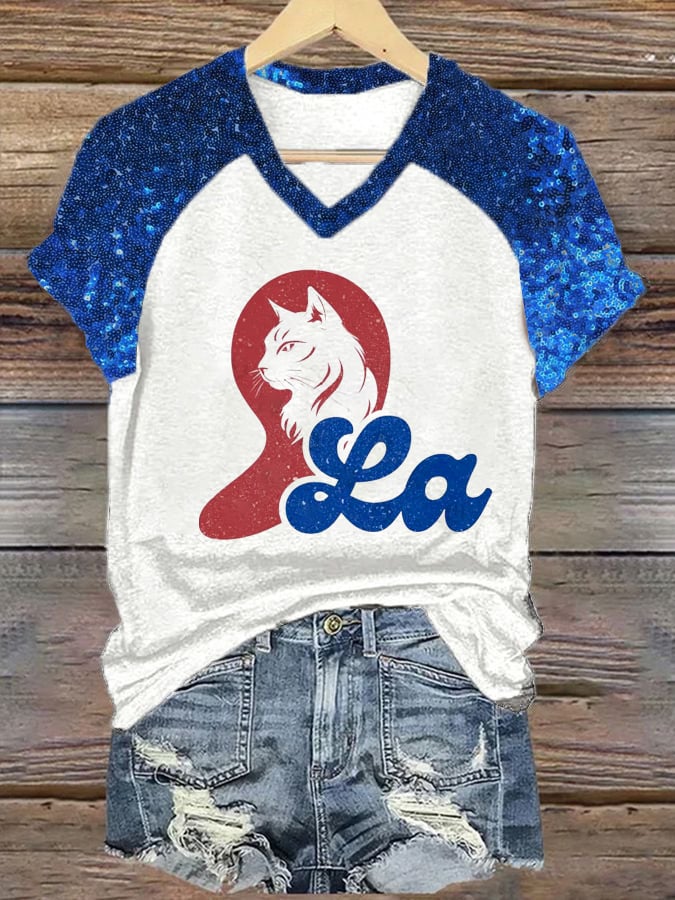Women's LA Cat Sequin Print Casual T-shirt