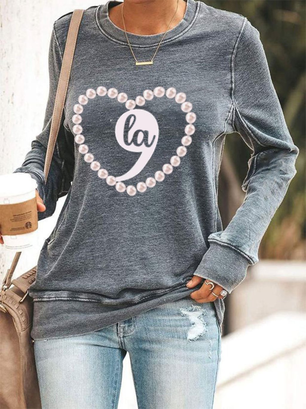 Women's Comma La Pearls Heart Printed Sweatshirt