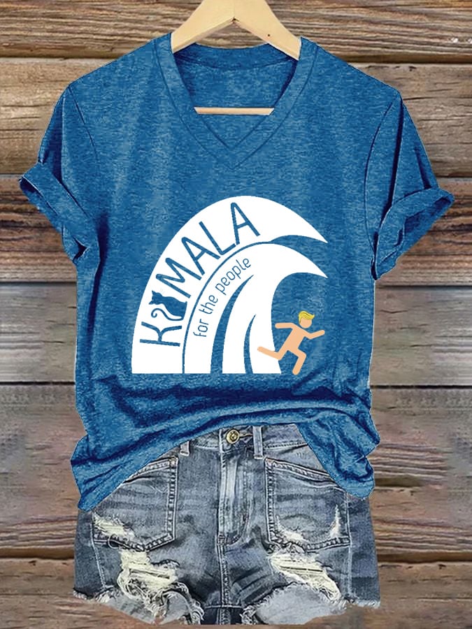 Women's Blue Wave Print V-Neck T-Shirt