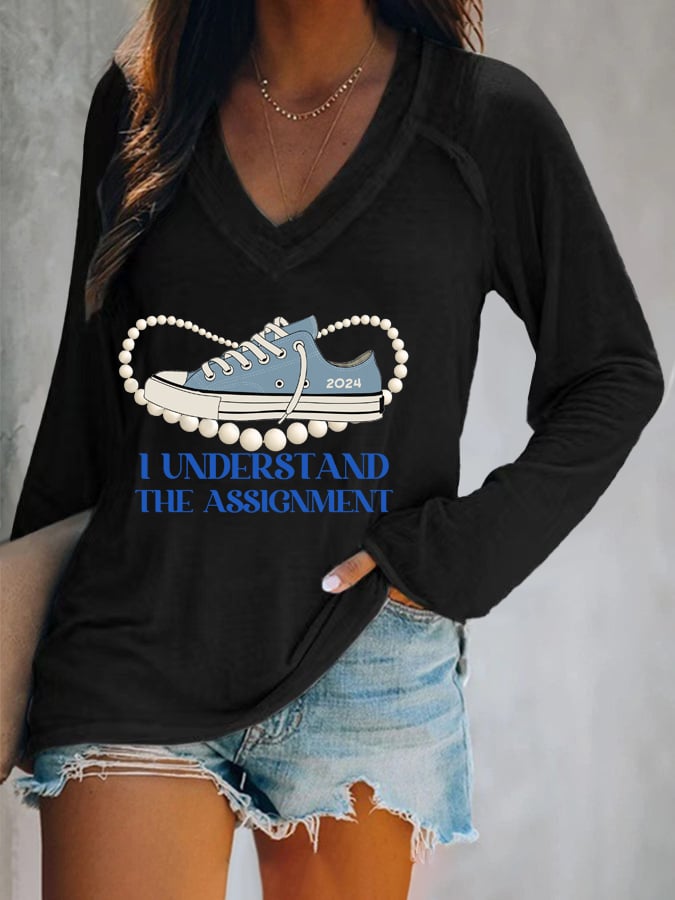 Women's I Understood The Assignment Print V Neck T-Shirt