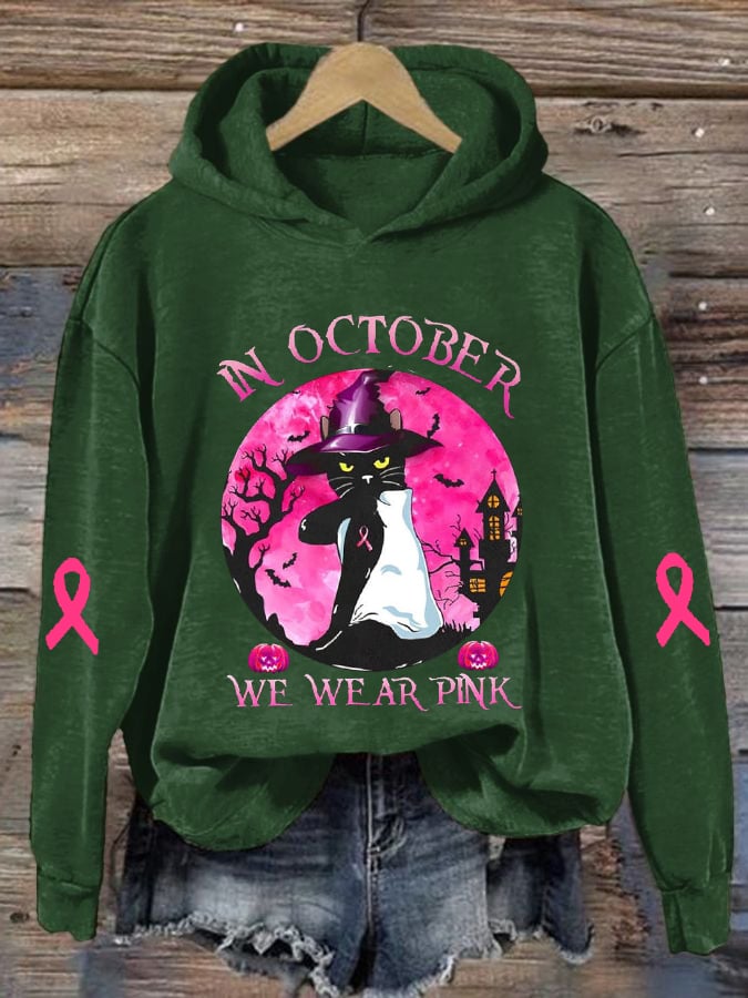 Women's Breast Cancer Awareness In October We Wear Pink With Black Cat Halloween Print Hoodie