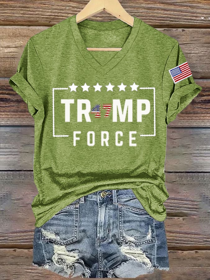 Women's American Flag 47 Print V-Neck T-Shirt