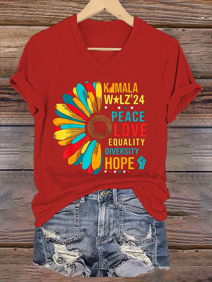 Women's Peace Love Equalty Sunflower Print T-Shirt