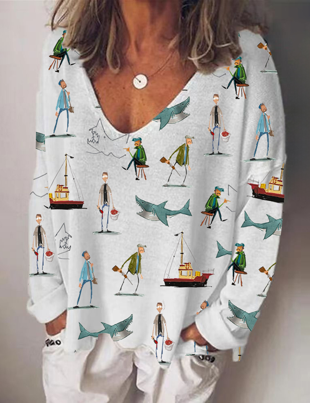 Women‘s Jaws Inspired V Neck Shirt