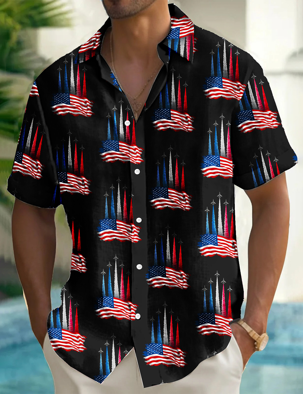 Men's Patriotic Red White Blue Fighter Jets Printed Shirt