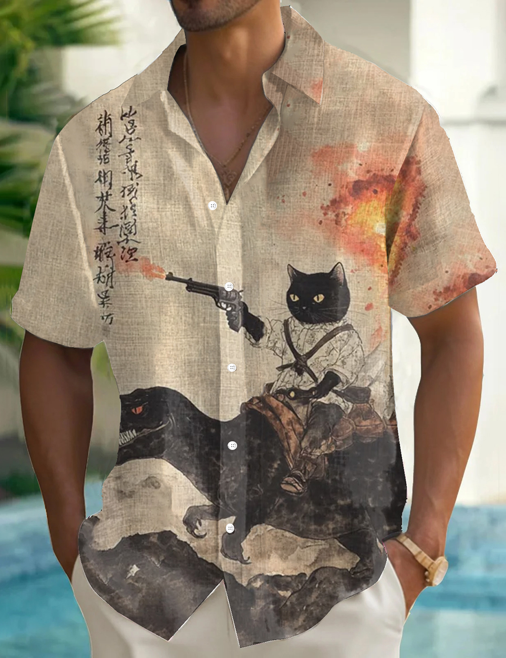 Men's Retro Calligraphy Cat Dinosaur Volcanic Eruption Printed Shirt