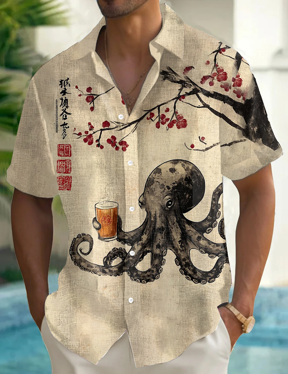 Men's Octopus Drinking Tea Under The Cherry Tree Printed Shirt