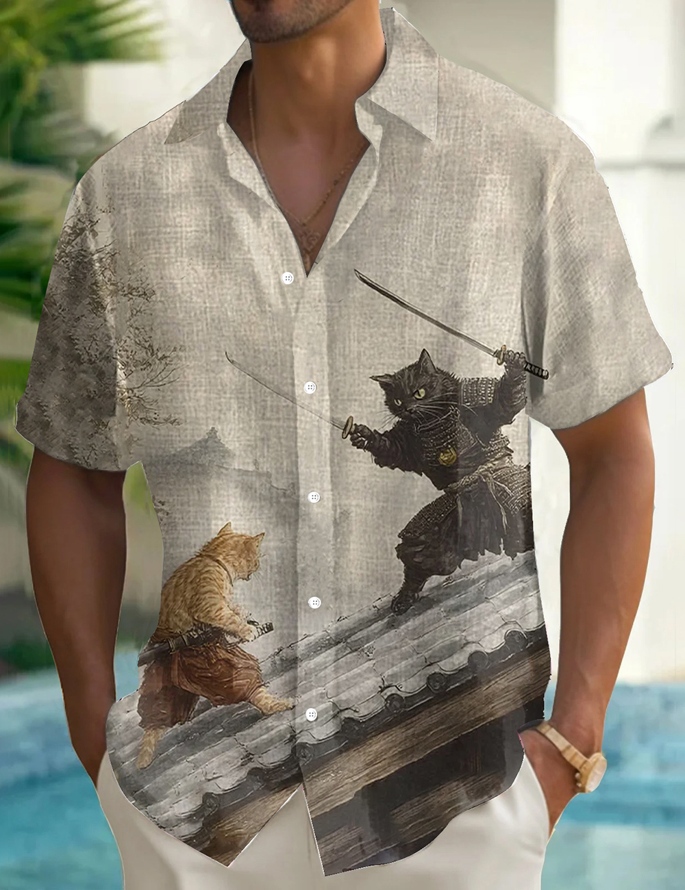 Men's Cat Samurai Japanese Art Printed Shirt