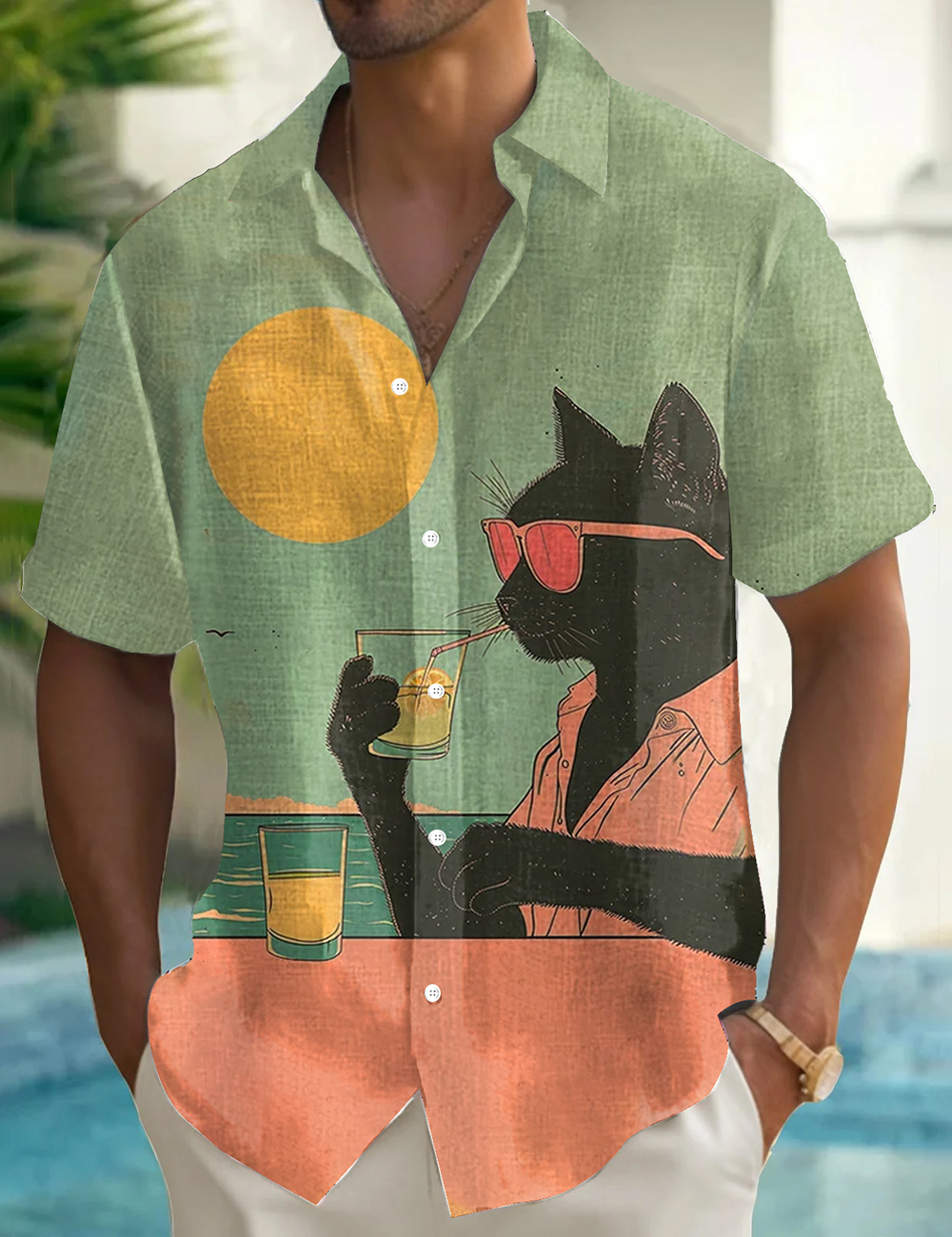 Men's Sunset Seaside Holiday Cocktail Black Cat Printed Shirt