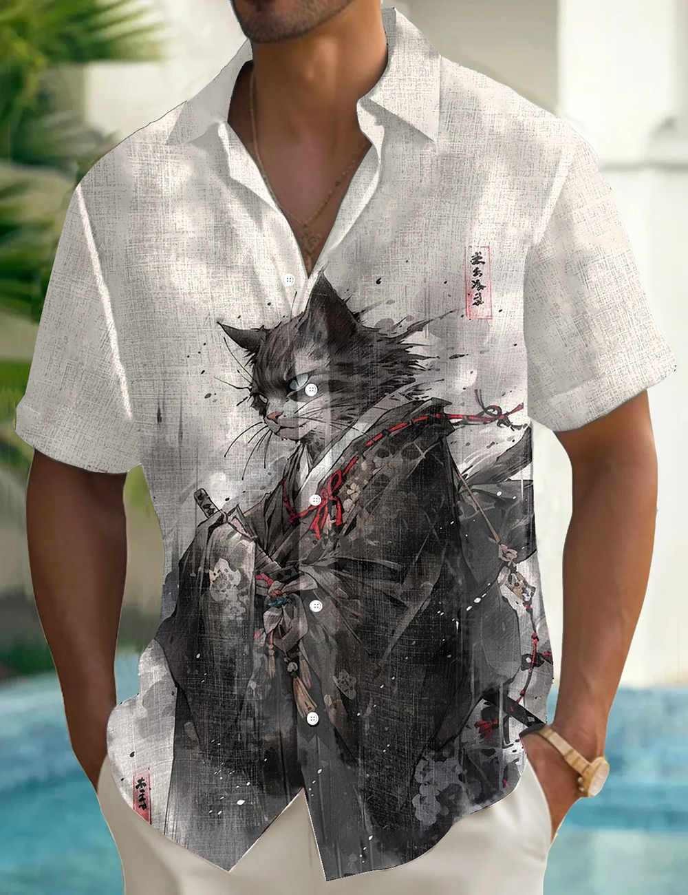 Men's Japan Cat Kimono Samurai Ink Art Printed Shirt