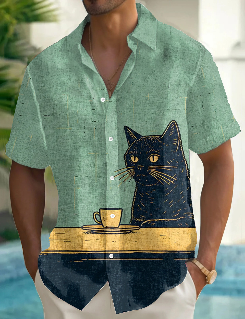 Men's Funny Black Cat Chilling Coffee Art Printed Shirt