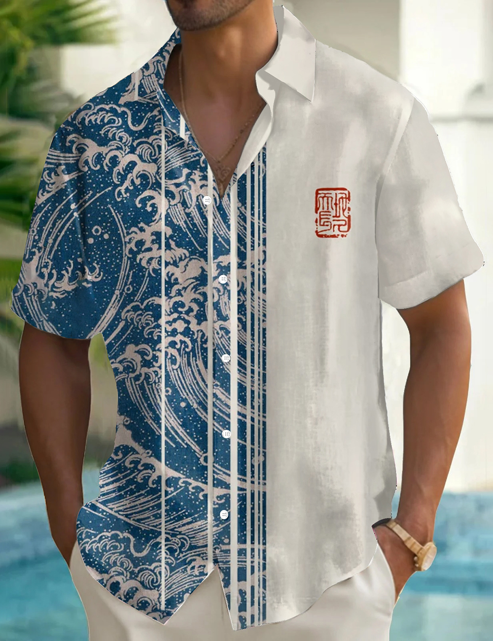 Men's Sea Wave Color Block Art Printed Shirt