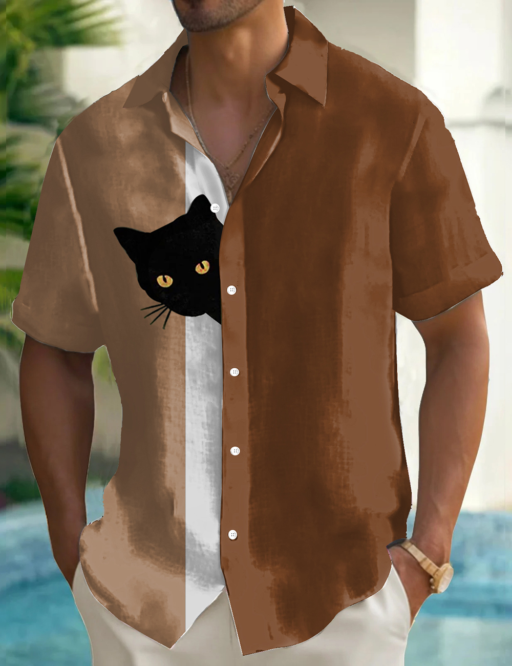 Men's Fun Hide And Seek Black Cat Printed Shirt