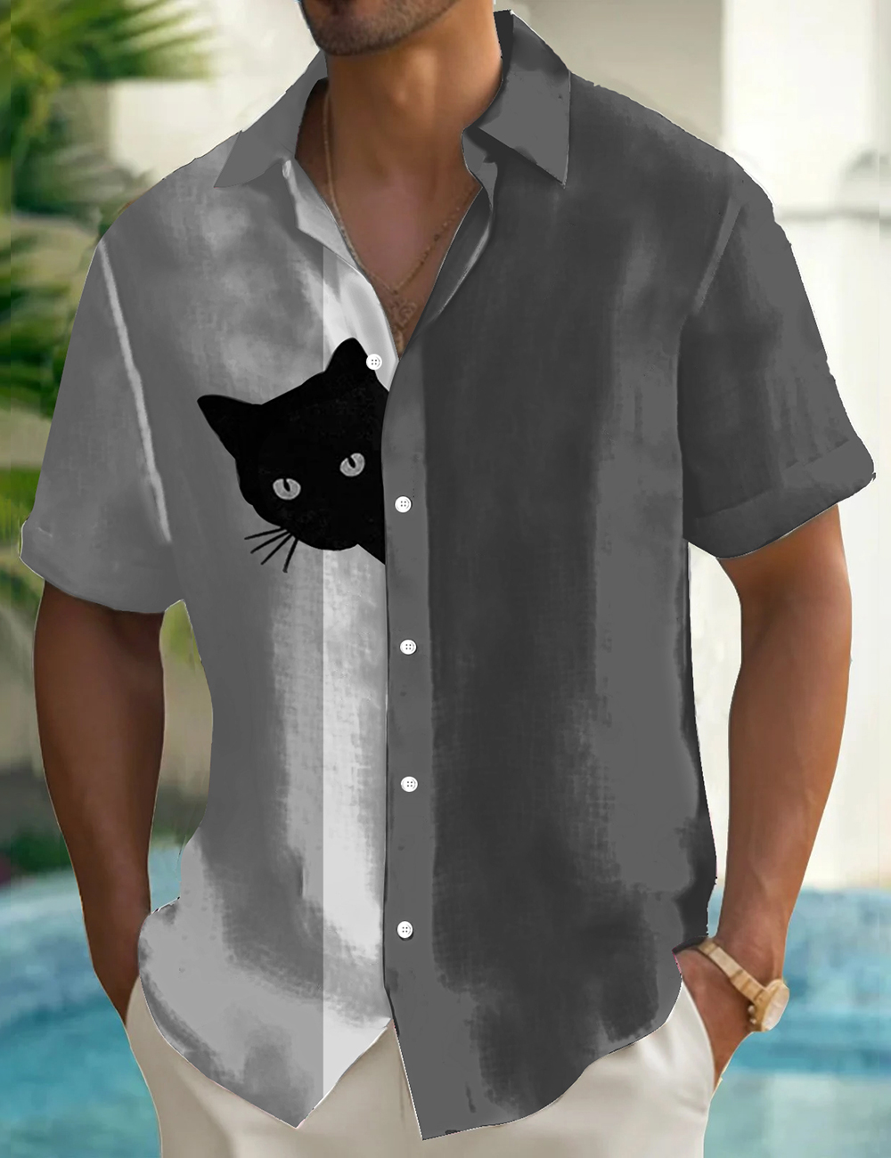 Men's Fun Hide And Seek Black Cat Printed Shirt