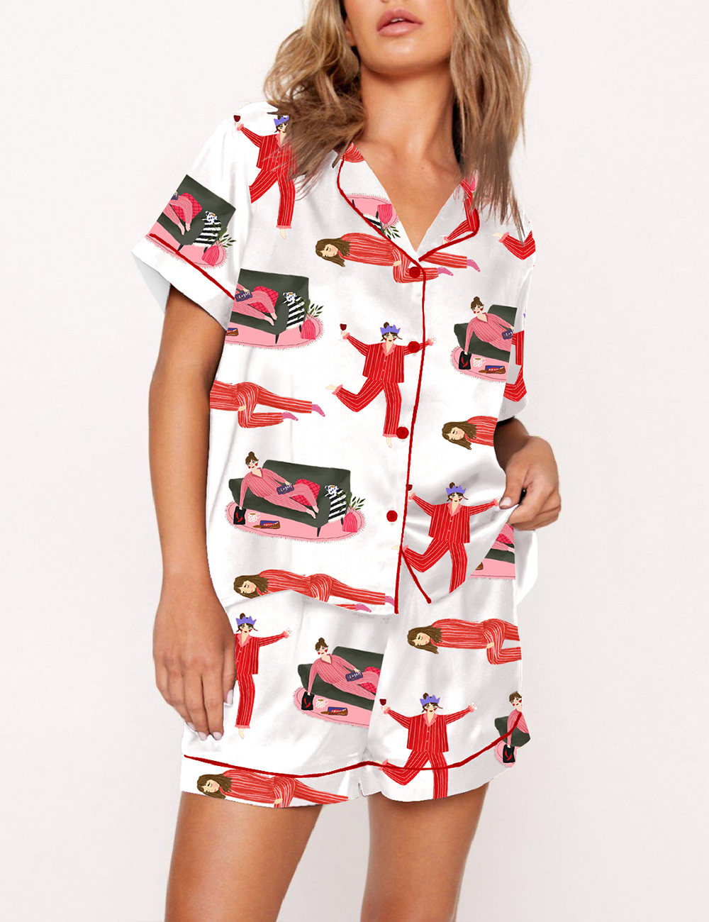 Women's Drinking And Lying On The Sofa In Pajamas My Status At Home Pajama Set