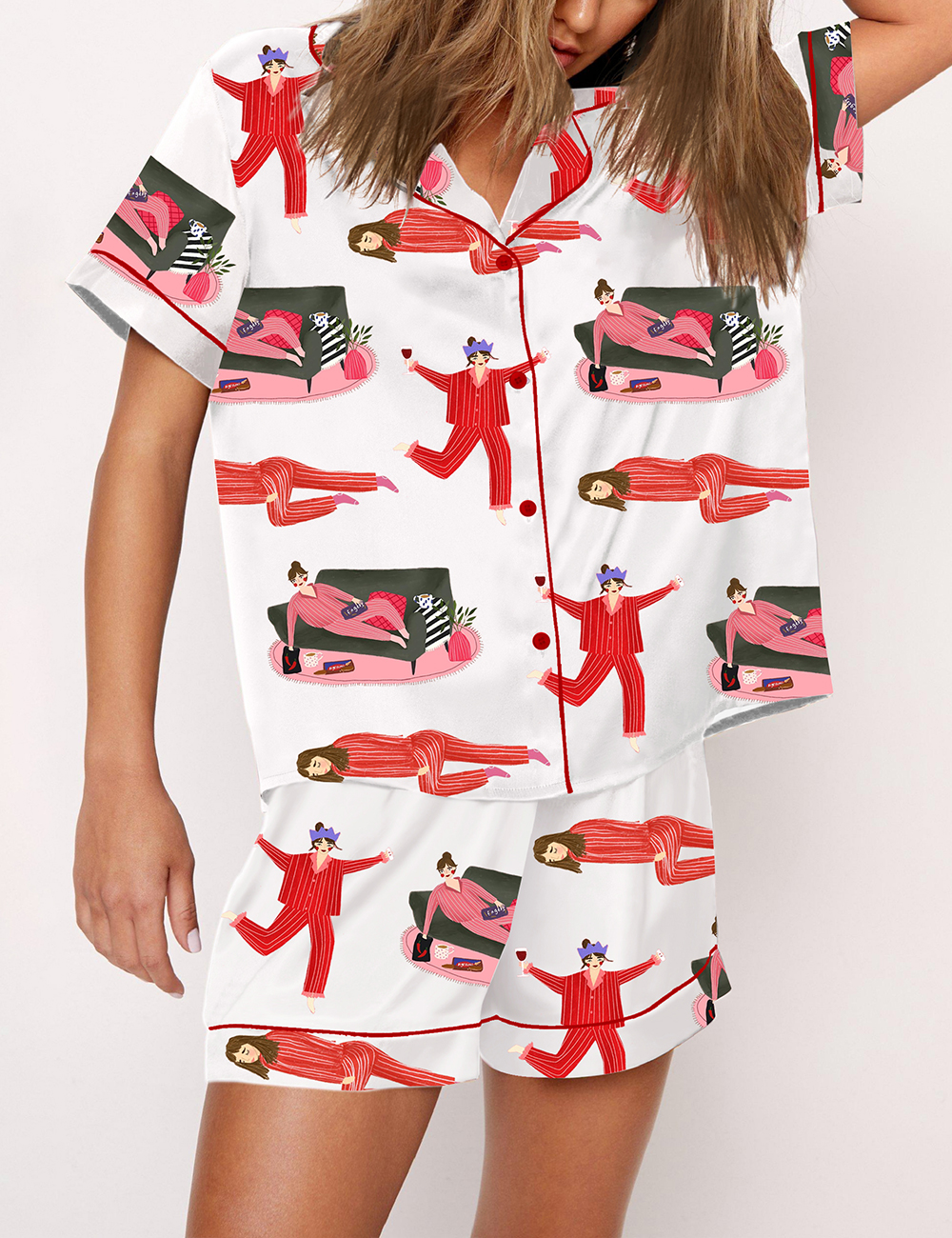 Women's Drinking And Lying On The Sofa In Pajamas My Status At Home Pajama Set