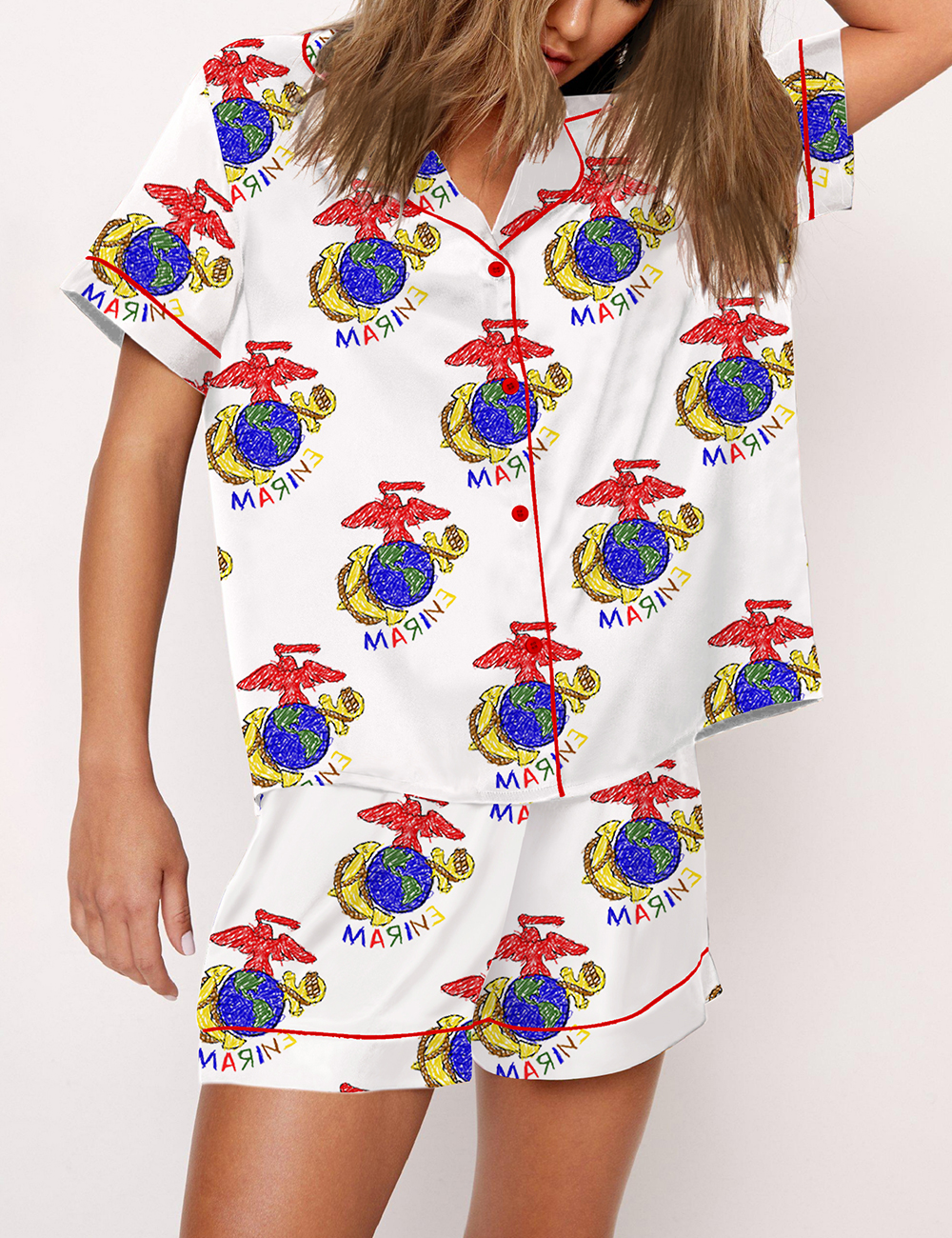 Women's Marine Eagle Globe And Anchor Crayon Drawing Pajama Set