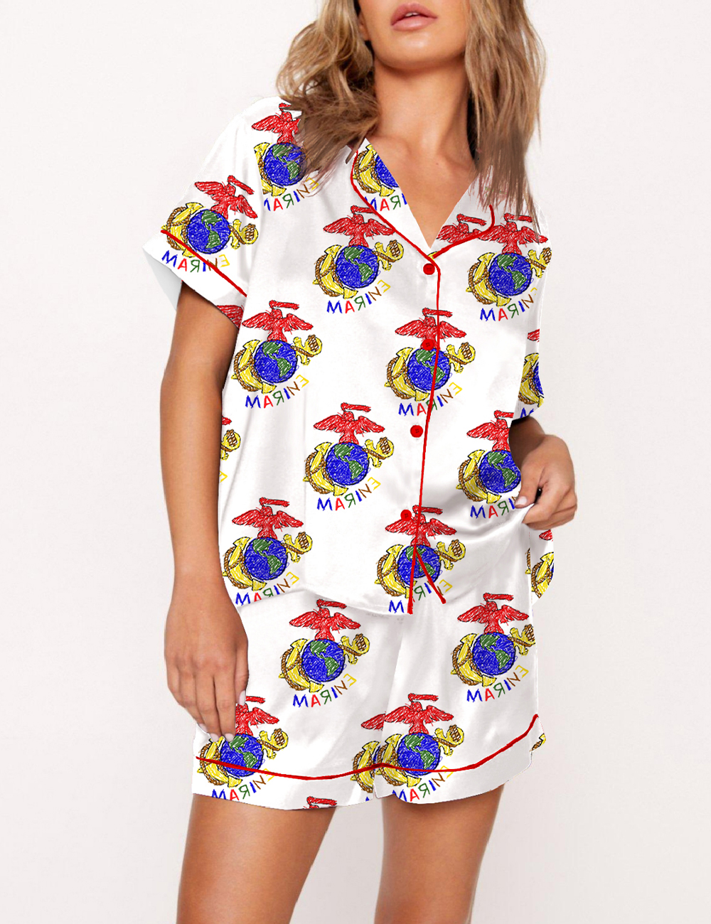 Women's Marine Eagle Globe And Anchor Crayon Drawing Pajama Set