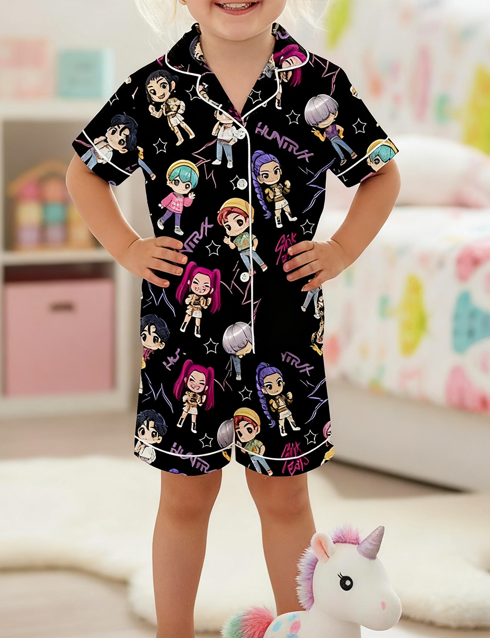 Kid's Kpop Demon Hunters Huntrix and Saja Boy Satin Pajama Set