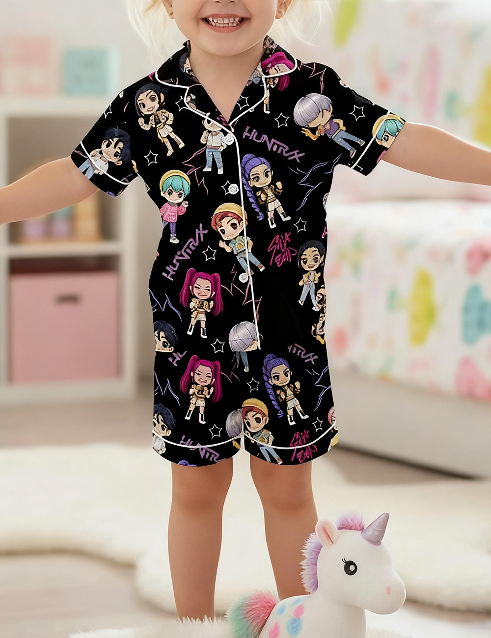 Kid's Kpop Demon Hunters Huntrix and Saja Boy Satin Pajama Set