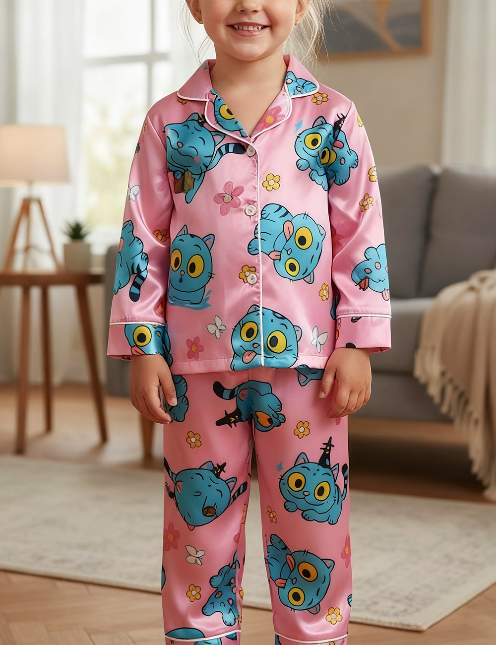 Kid's Kpop Demon Hunters Huntrix Derpy Tiger Satin Pajama Set