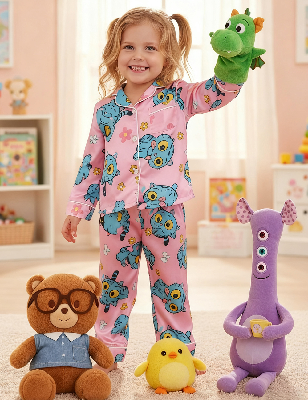 Kid's Kpop Demon Hunters Huntrix Derpy Tiger Satin Pajama Set