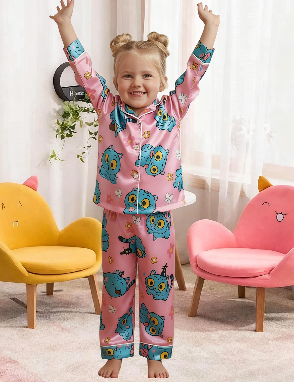 Kid's Kpop Demon Hunters Huntrix Derpy Tiger Satin Pajama Set
