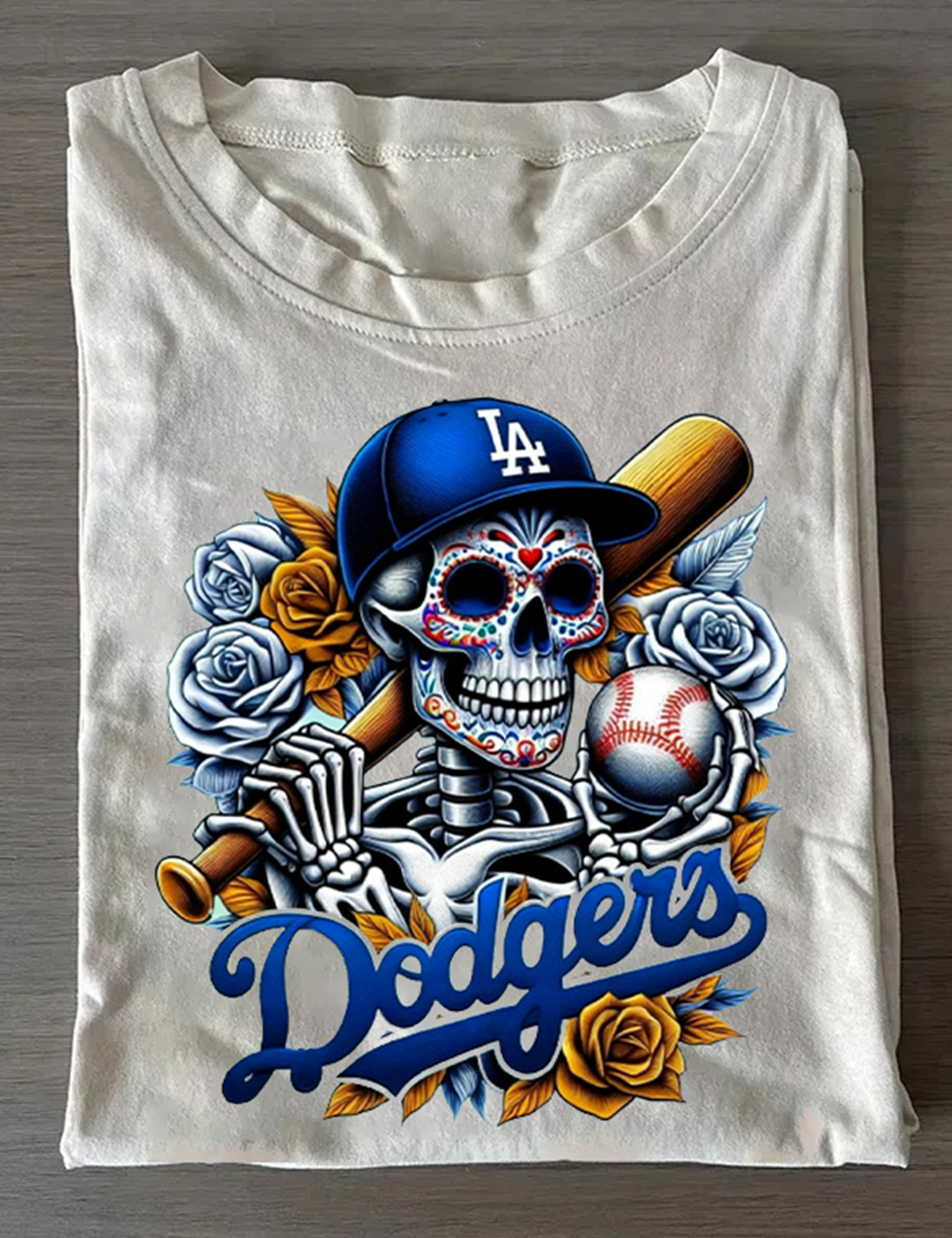 Los Angeles Dodgers Dia de Muertos Baseball Skeleton T-Shirt