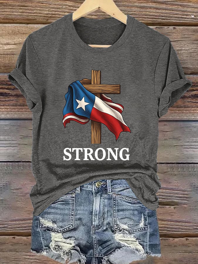Retro Texas Strong Faith Cross Print T-Shirt