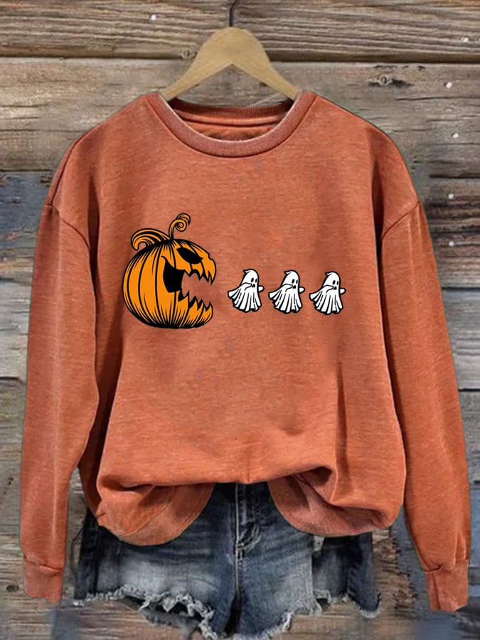 Women's Pumpkin Chasing Ghosts Print Round Neck Sweatshirt