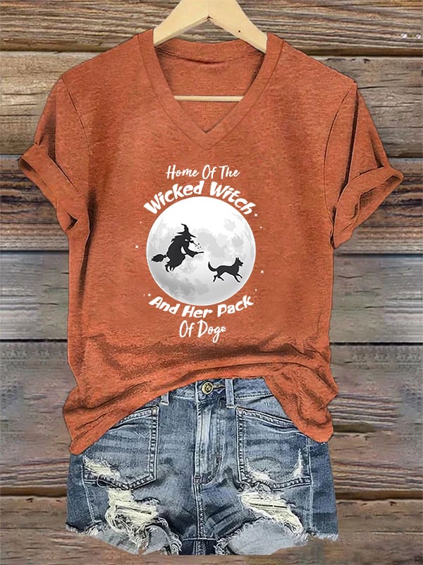 Home Of The Wicked Witch And Her Pack Of Dogs Print V Neck T-Shirt