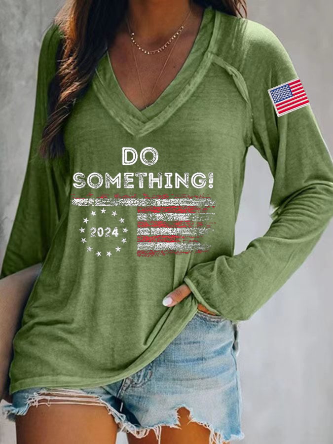 Women's Do Something Long Sleeve V-Neck Printed T-Shirt