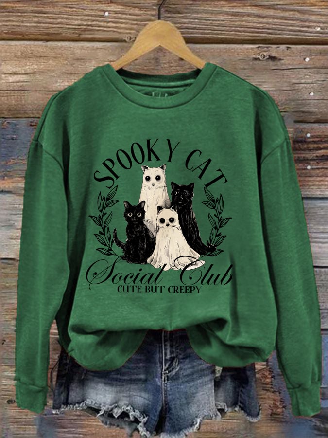 Women's Spooky Cat Print Crew Neck Sweatshirt