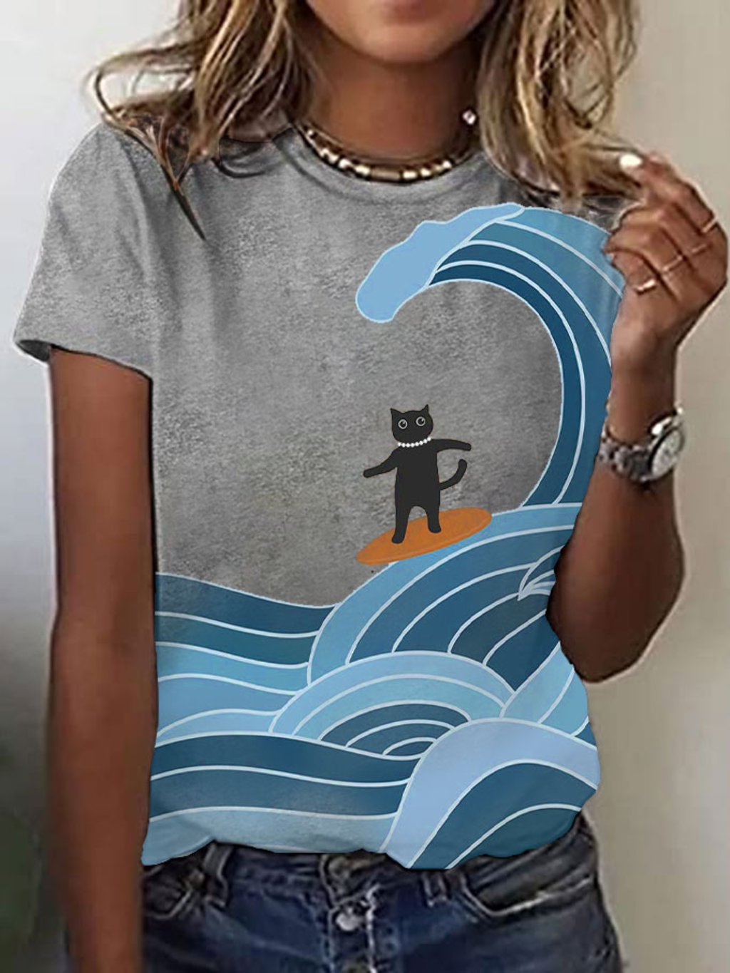 Women's Surfing Cat&Blue Wave Print T-Shirt