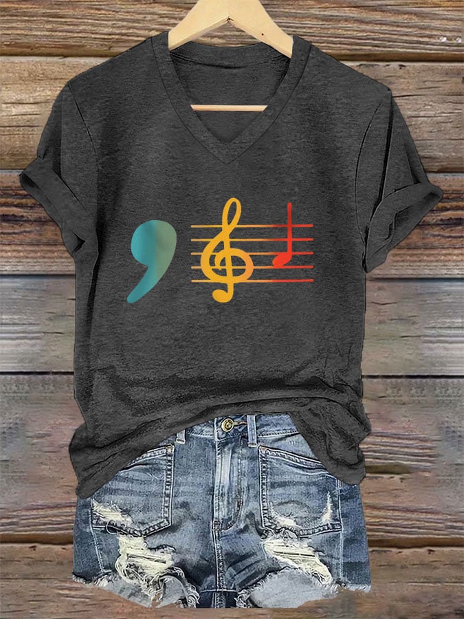 Women's La Music Print V-Neck T-Shirt